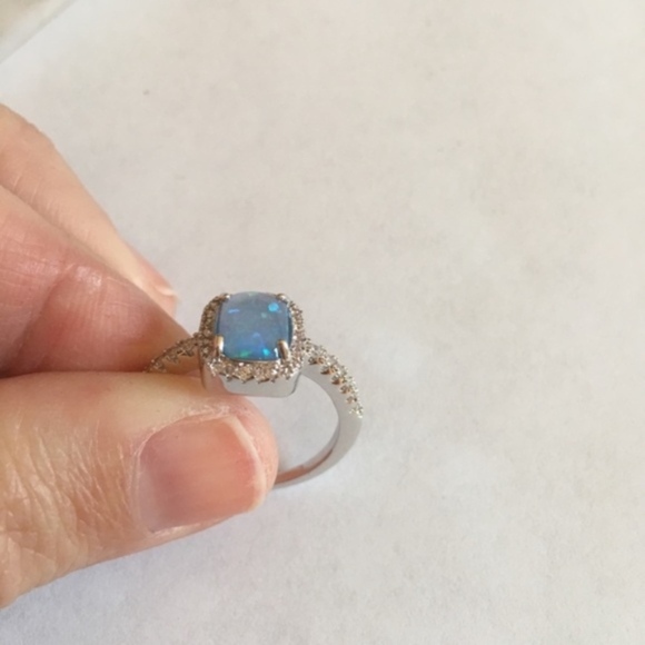 New Blue Fire Opal Silver CZ Ring - Picture 5 of 7